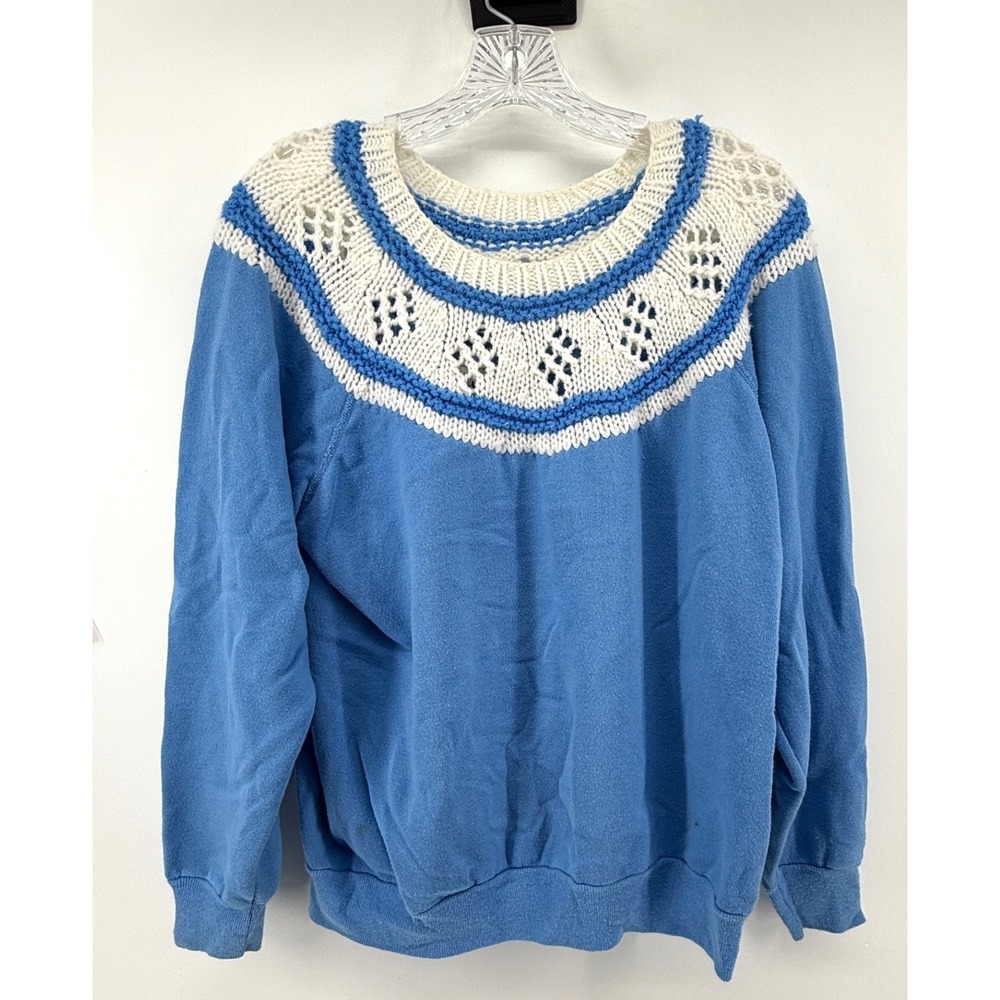 Vintage Action Blue Sweatshirt Crochet Knit Yoke Cottagecore Pullover USA L